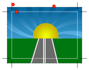 1 - Výsledný formát, 2 - Ořezové značky, 3 - Spadávka